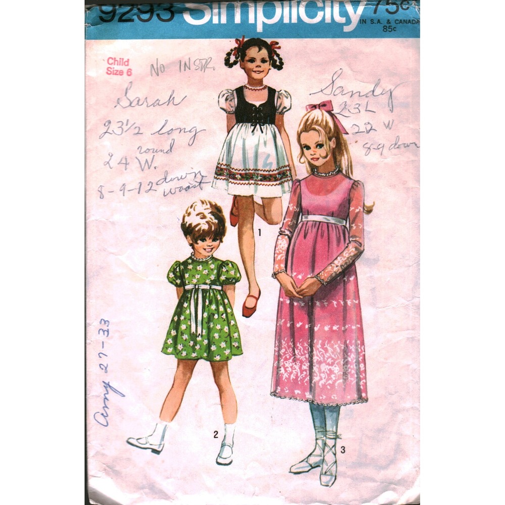 Vintage Simplicity 9293 Girls Dress Bolero Sewing‎ Pattern Size 6 Retro 1970s